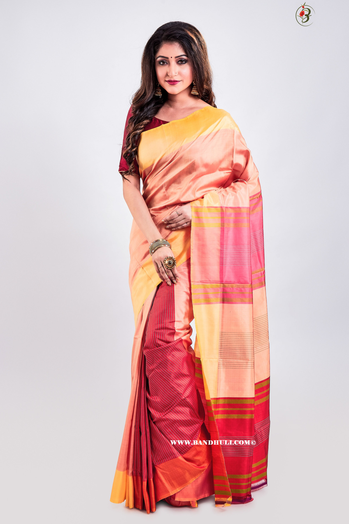 Peach & Brick red Color Patli Pallu Mulberry Silk Saree